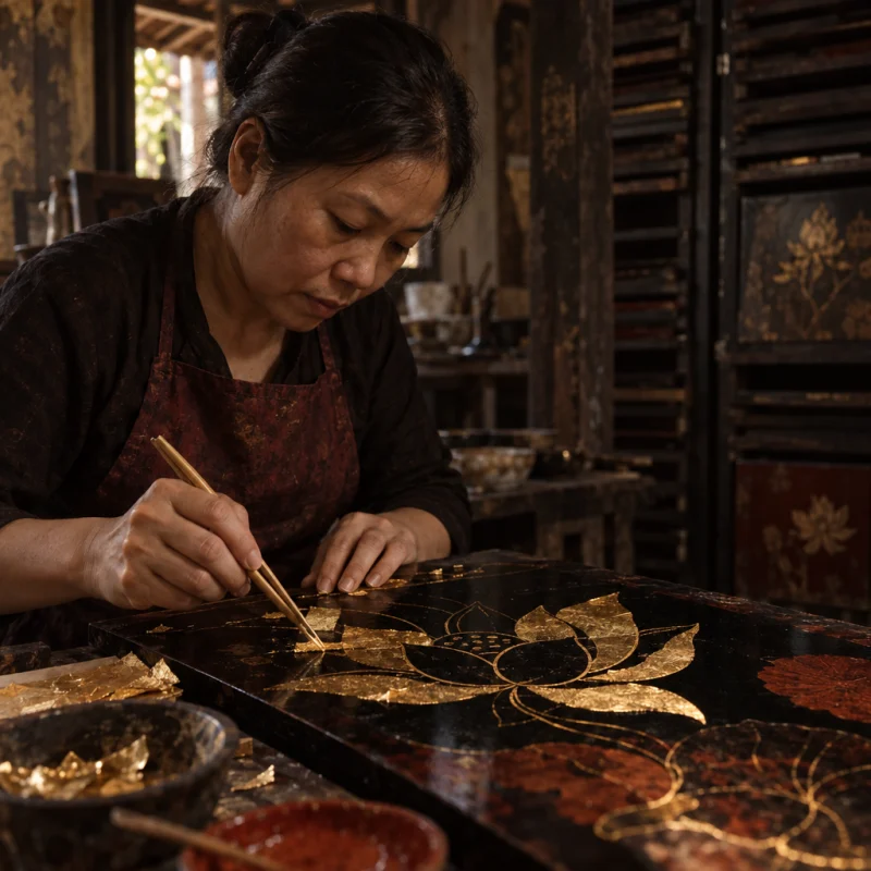 Gold leaf laid onto a lotus outline on a black panel, bamboo tweezers, in the Hạ Thái lacquer workshop, dark wooden drying cabinets behind, palette of brown-black, cinnabar and dull gold