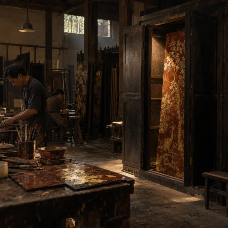 A tall screen panel standing in the drying cabinet, gold catching a sliver of light, in the Hạ Thái lacquer workshop, dark wooden drying cabinets behind, palette of brown-black, cinnabar and dull gold