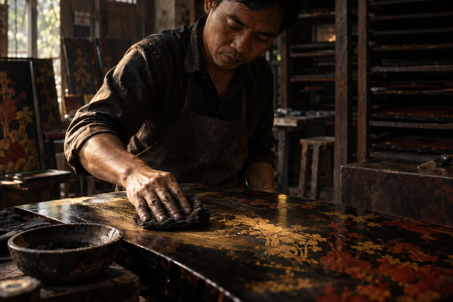 A palm polishing a lacquer surface with charcoal powder, gold rising through the black, in the Hạ Thái lacquer workshop, dark wooden drying cabinets behind, palette of brown-black, cinnabar and dull gold