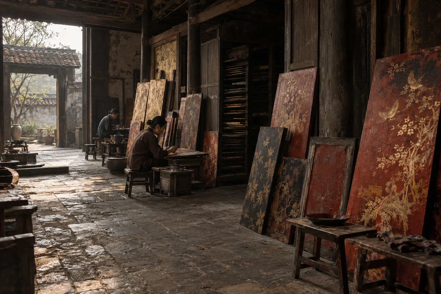 The courtyard of an old timber house in Hạ Thái, lacquer boards leaning against the wall, in the Hạ Thái lacquer workshop, dark wooden drying cabinets behind, palette of brown-black, cinnabar and dull gold