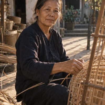 Portrait of Trần Thị Mai, rattan weaver in her sixties, at a weaving frame in a Phú Vinh courtyard, cane across her knees, calm direct gaze, third generation of the family trade
