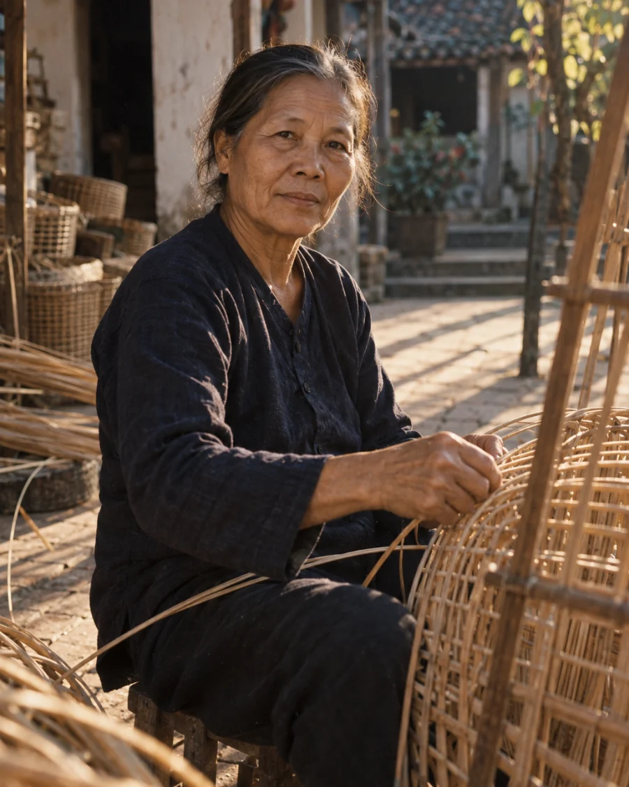 Portrait of Trần Thị Mai, rattan weaver in her sixties, at a weaving frame in a Phú Vinh courtyard, cane across her knees, calm direct gaze, third generation of the family trade