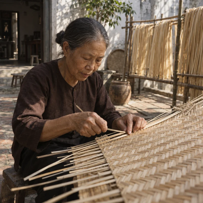 Fingers counting strands across a diagonal rain-pattern weave, in a Phú Vinh courtyard, split rattan cane drying on bamboo racks, pale straw and honey tones, whitewashed wall, dappled sun
