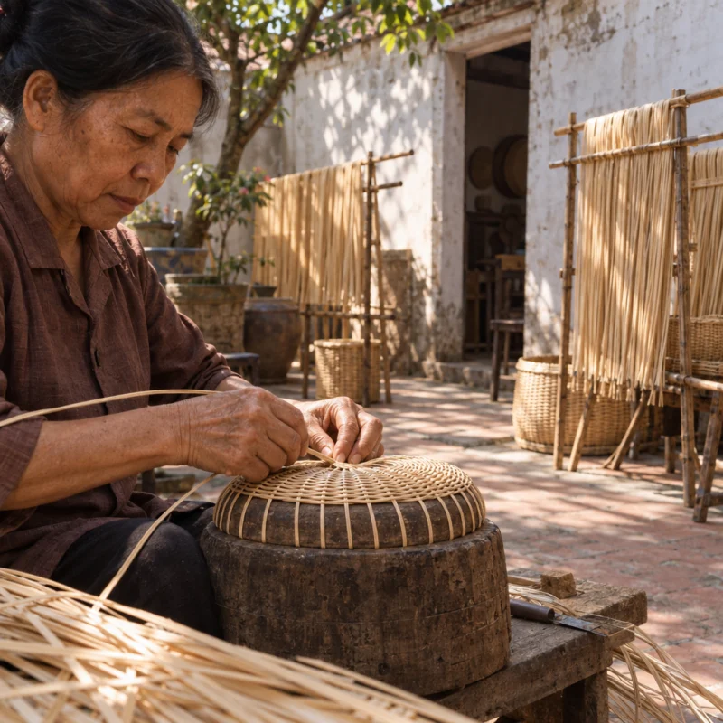 A rattan lid being shaped on a wooden form, in a Phú Vinh courtyard, split rattan cane drying on bamboo racks, pale straw and honey tones, whitewashed wall, dappled sun