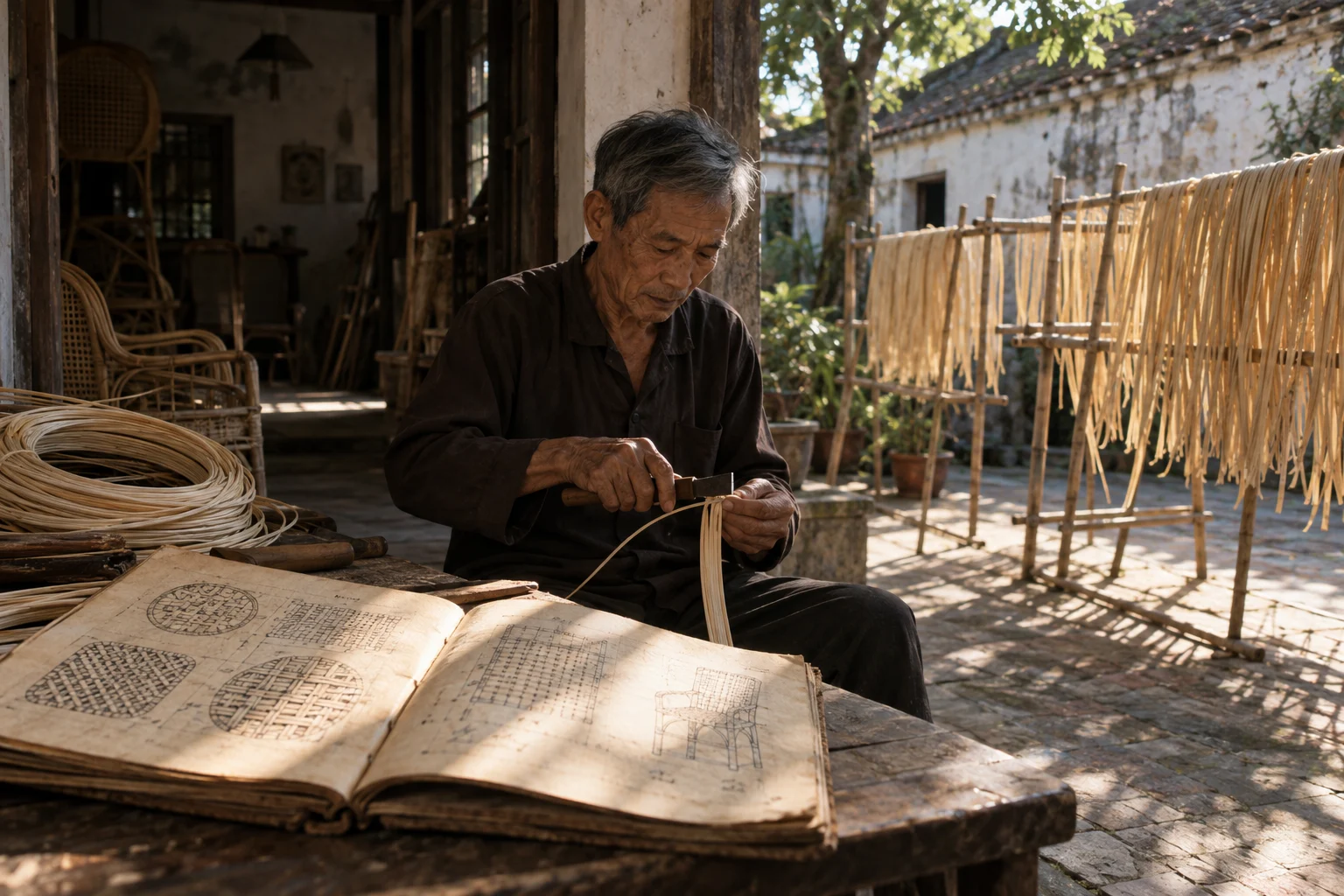 Old handwritten pattern books open on a table beside coils of cane, in a Phú Vinh courtyard, split rattan cane drying on bamboo racks, pale straw and honey tones, whitewashed wall, dappled sun