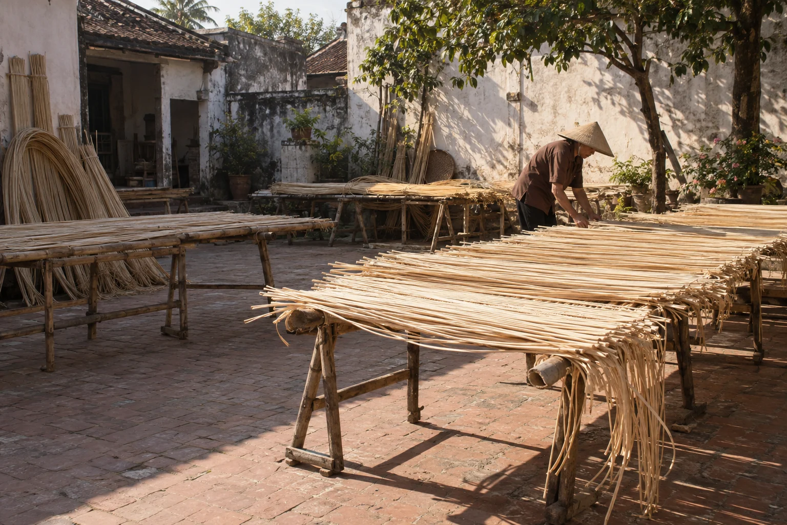 A village courtyard with work drying on racks, brick floor, soft morning light, in a Phú Vinh courtyard, split rattan cane drying on bamboo racks, pale straw and honey tones, whitewashed wall, dappled sun