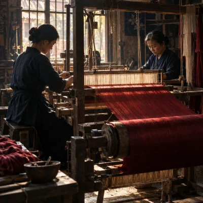 Portrait of the Vạn Phúc family workshop: two weavers at a wooden hand loom in window light, wine-red silk on the beam, family workshop of the family trade