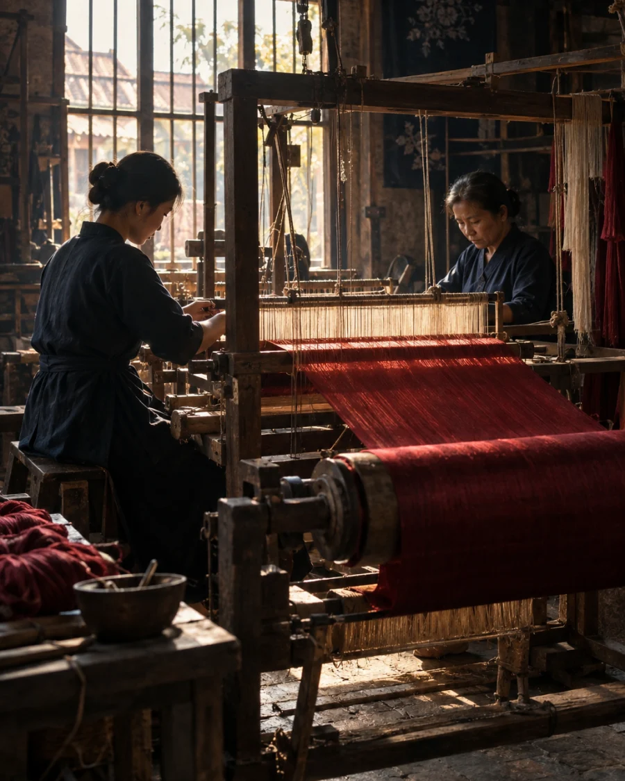 Portrait of the Vạn Phúc family workshop: two weavers at a wooden hand loom in window light, wine-red silk on the beam, family workshop of the family trade