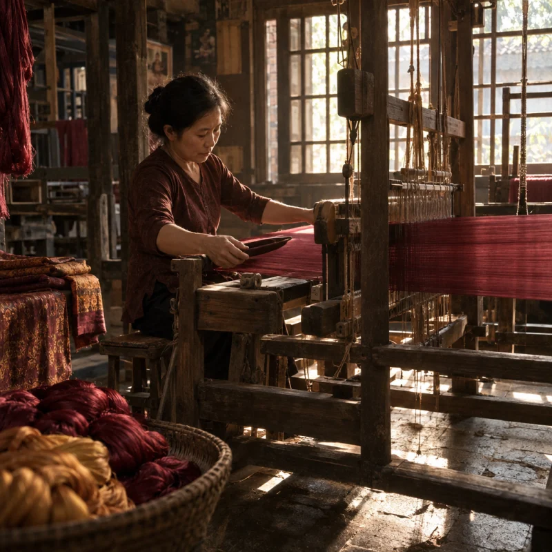 Hands on a wooden hand loom, shuttle passing through wine-red silk, in a Vạn Phúc weaving house, a wooden hand loom in window light, mulberry silk, deep wine red and ochre