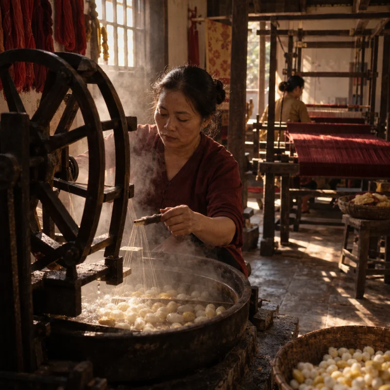 Silk reeled from cocoons in hot water onto a wooden wheel, steam in the light, in a Vạn Phúc weaving house, a wooden hand loom in window light, mulberry silk, deep wine red and ochre