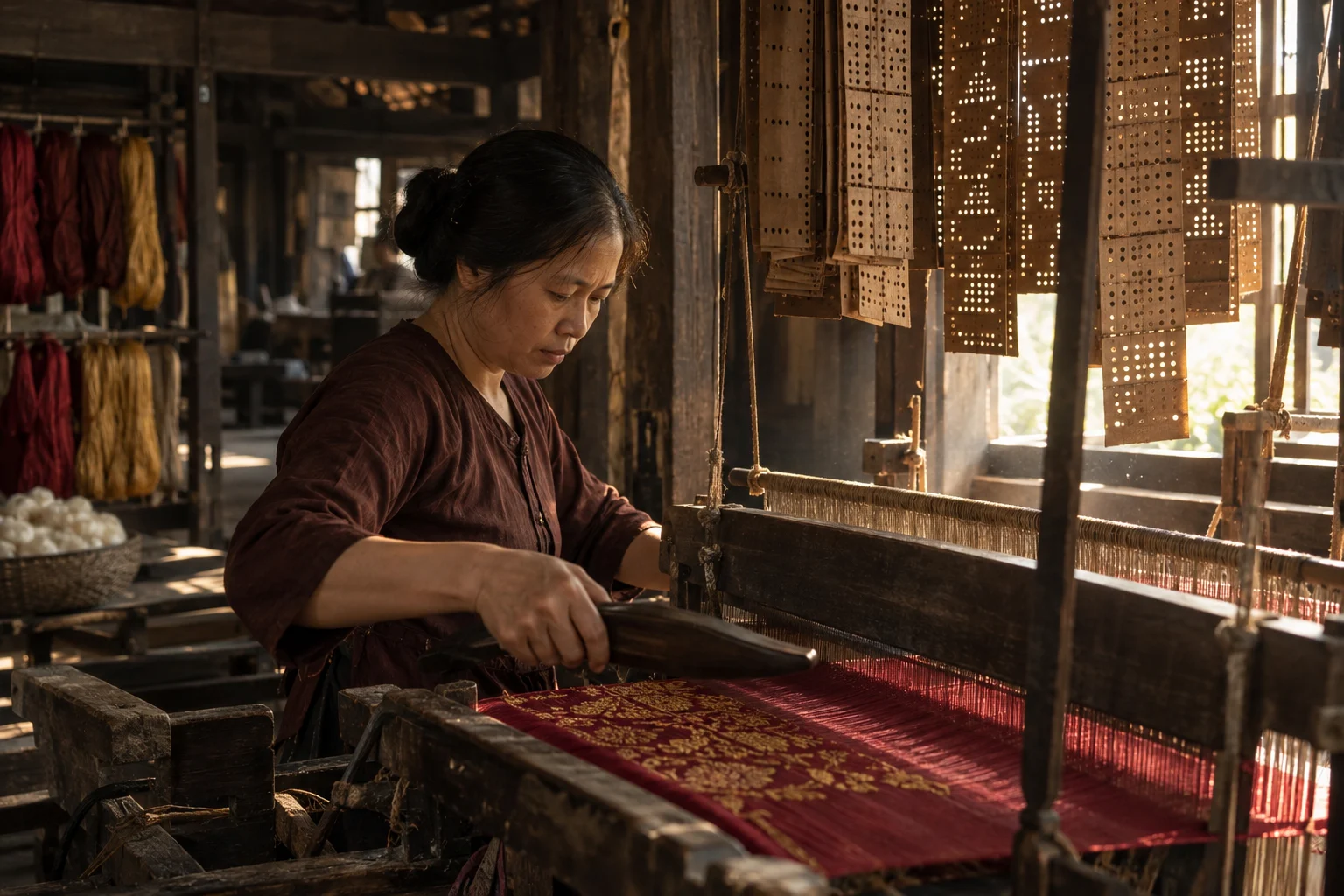 Punched pattern cards hanging from a wooden loom, in a Vạn Phúc weaving house, a wooden hand loom in window light, mulberry silk, deep wine red and ochre