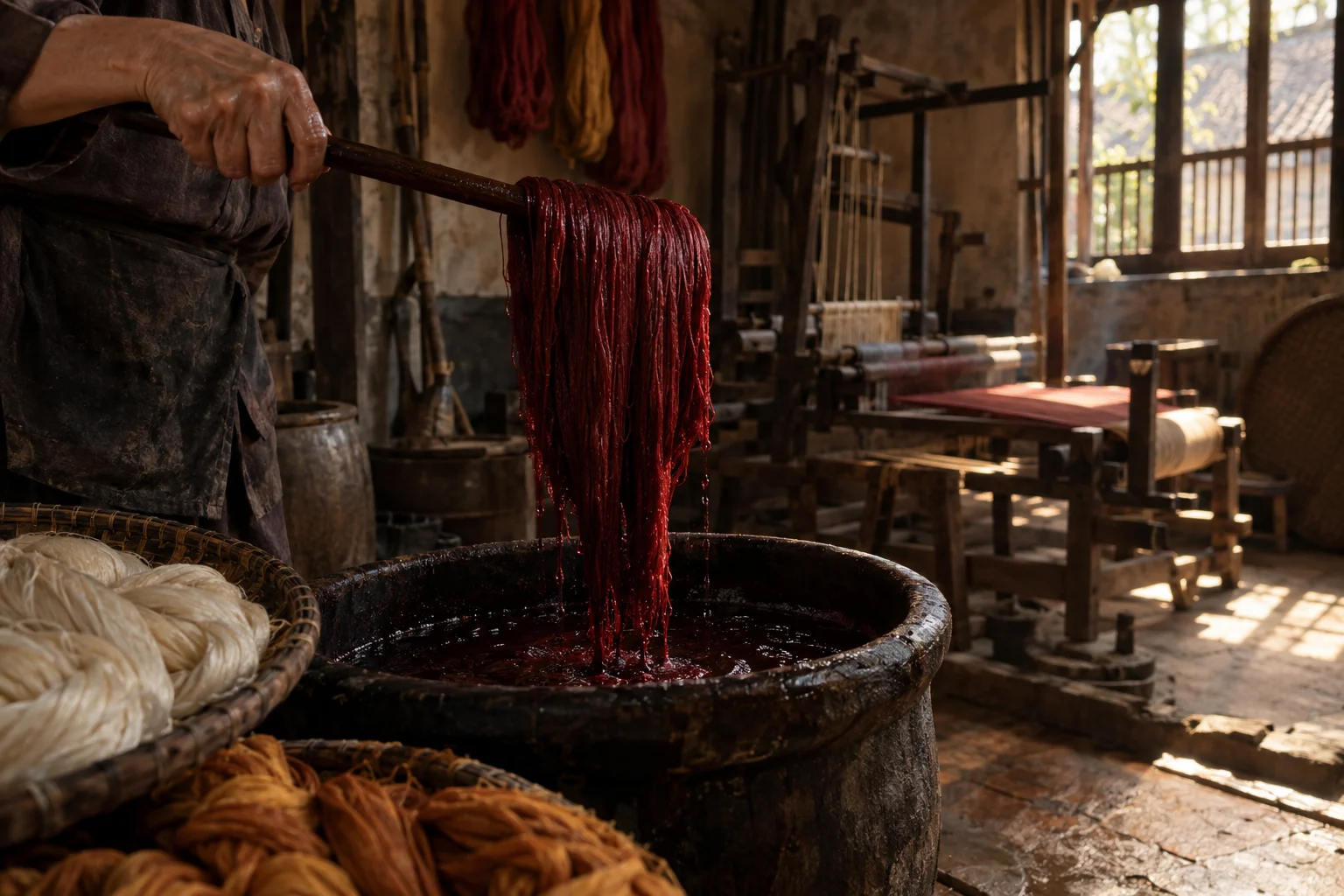 A hand lifting dripping silk from a small plant-dye vat, in a Vạn Phúc weaving house, a wooden hand loom in window light, mulberry silk, deep wine red and ochre