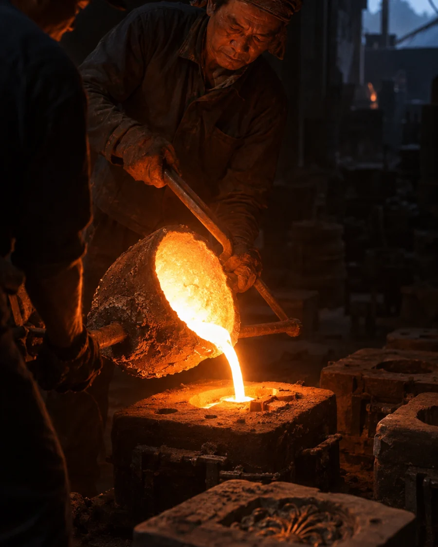 Molten bronze poured into a sand mould in the Đại Bái foundry before dawn, orange glow on the casters' hands, decorative bronze