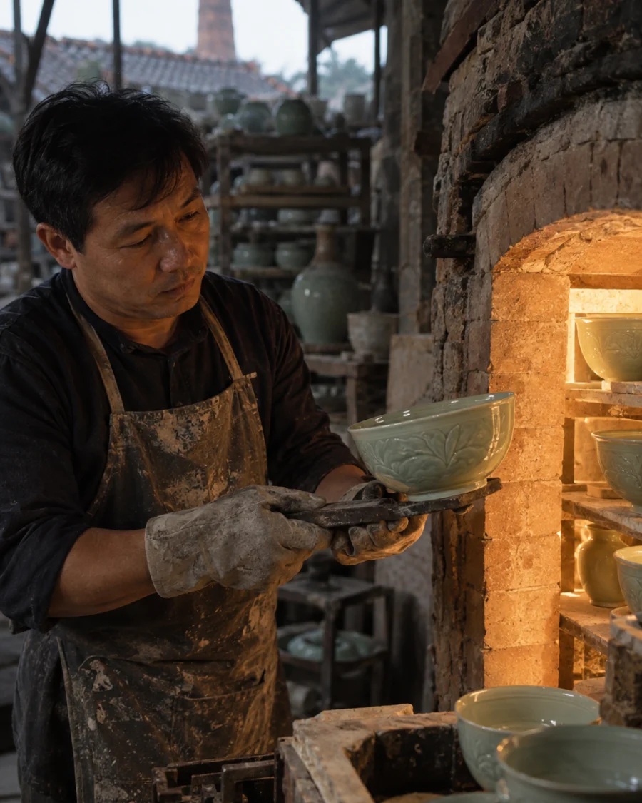 A potter lifting a celadon bowl from a freshly opened kiln load in Bát Tràng, brick kiln and sage-green ware behind, fine ceramics