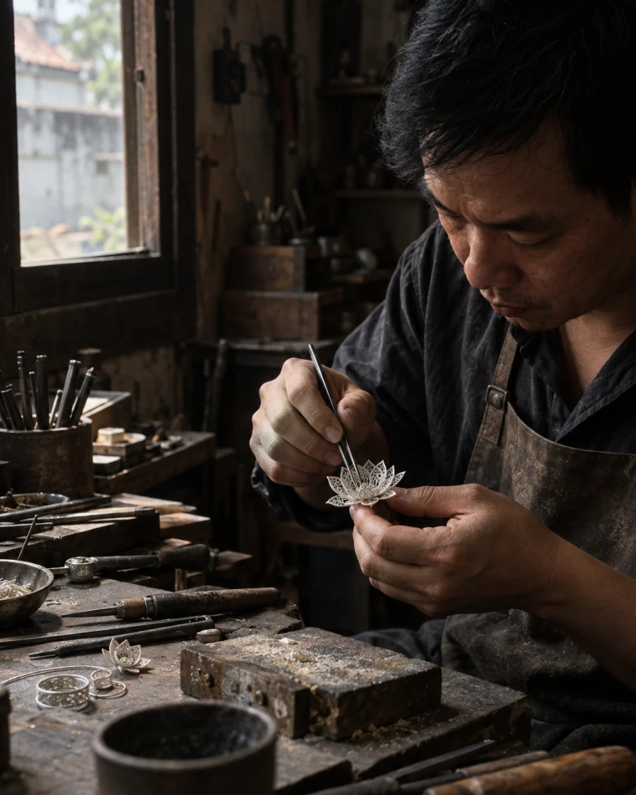 A silversmith building a filigree lotus from twisted silver wire with tweezers at a worn bench in Định Công, hand-wrought jewellery