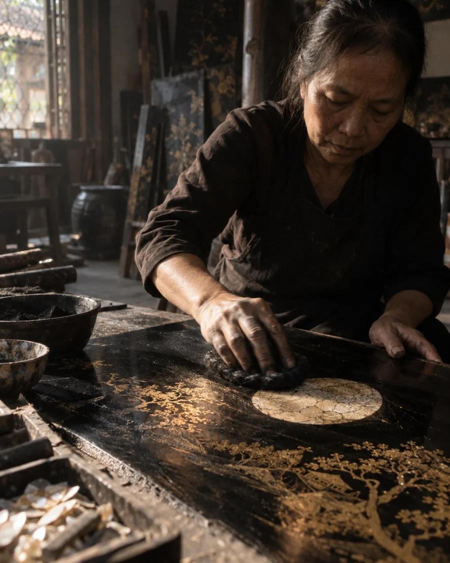 A palm polishing a black lacquer panel with charcoal in Hạ Thái, an eggshell moon and gold rising through the surface, lacquer