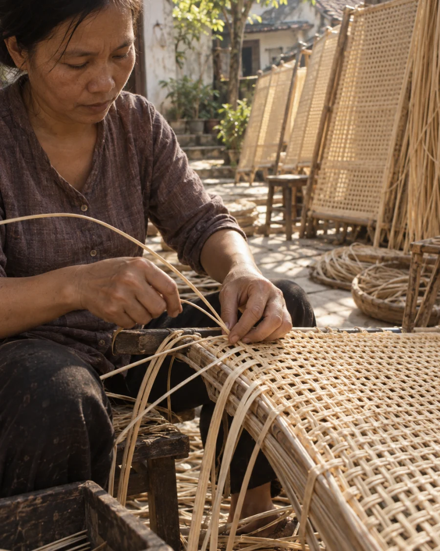Hands weaving split rattan cane in a tight pattern in a Phú Vinh courtyard, pale cane drying behind, dappled sun, rattan, bamboo & sedge