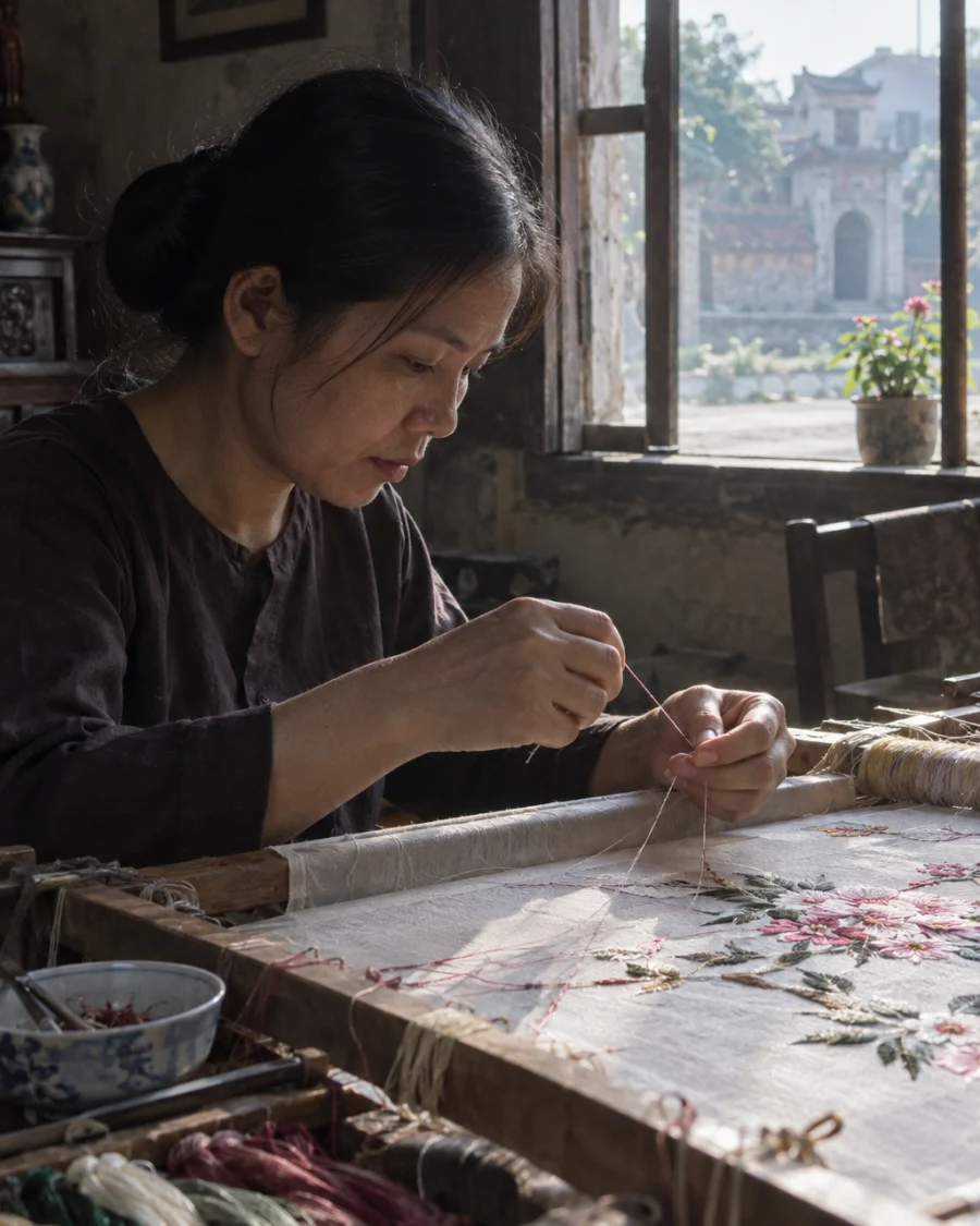 Silk thread being split and stitched on an embroidery frame set in a window in Quất Động, morning light, silk & hand embroidery