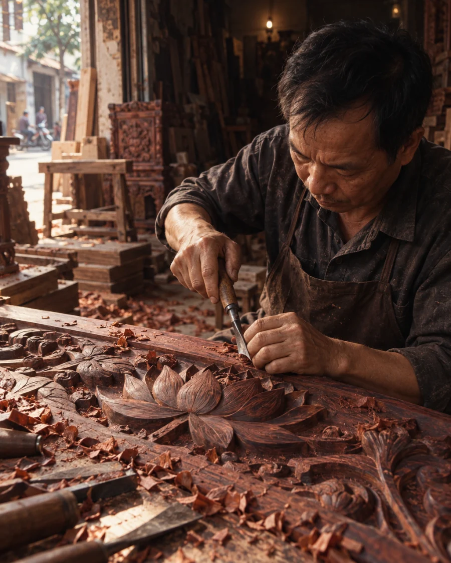 A carver cutting a lotus relief into dark rosewood with a gouge in Đồng Kỵ, shavings and planks around, fine woodwork