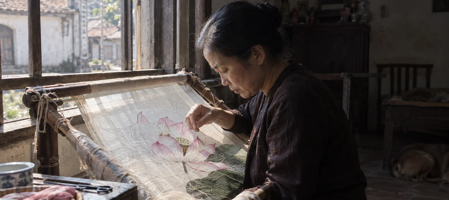 An embroidery frame in a window in Quất Động in March, a lotus half-stitched in silk, morning light