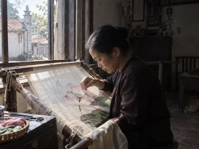 An embroidery frame in a window in Quất Động in March, a lotus half-stitched in silk, morning light