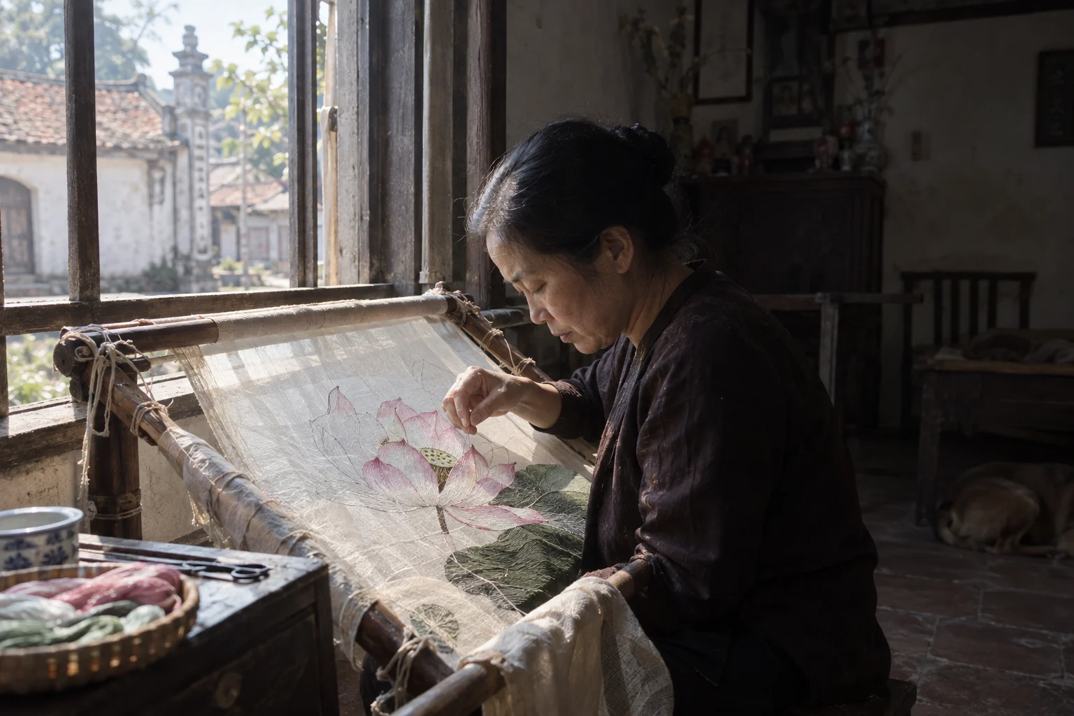 An embroidery frame in a window in Quất Động in March, a lotus half-stitched in silk, morning light
