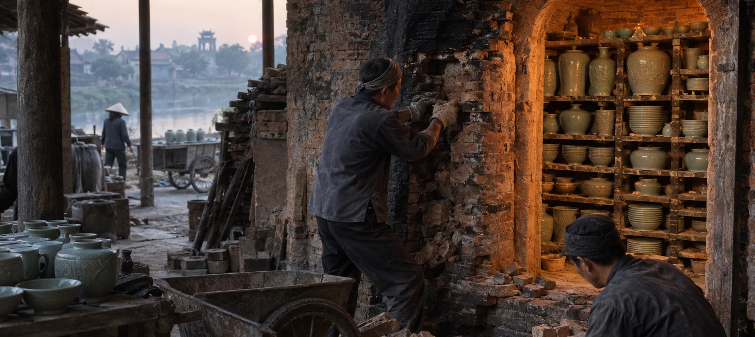 The brick door of a Bát Tràng kiln being unbricked at first light, glowing shelves of celadon inside