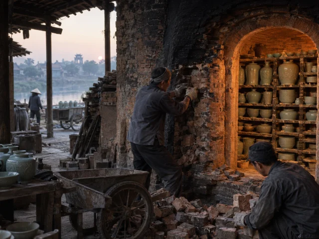 The brick door of a Bát Tràng kiln being unbricked at first light, glowing shelves of celadon inside
