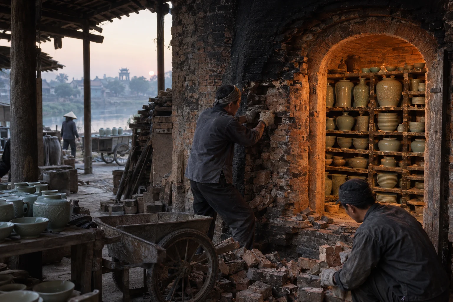 The brick door of a Bát Tràng kiln being unbricked at first light, glowing shelves of celadon inside