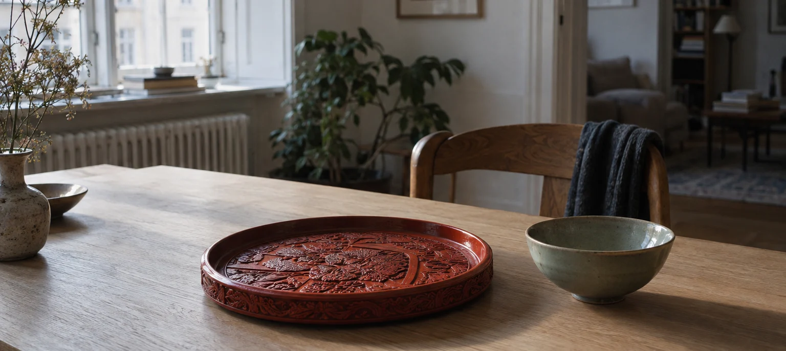A cinnabar-red lacquer tray on a pale Scandinavian oak table in a Copenhagen apartment, soft northern window light, a celadon bowl beside it