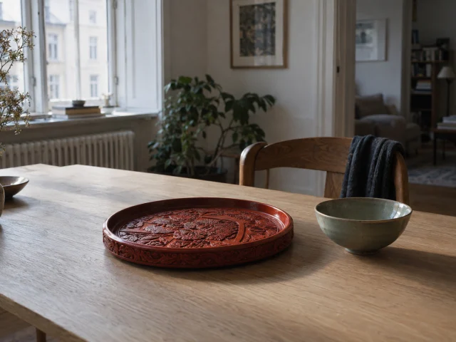 A cinnabar-red lacquer tray on a pale Scandinavian oak table in a Copenhagen apartment, soft northern window light, a celadon bowl beside it