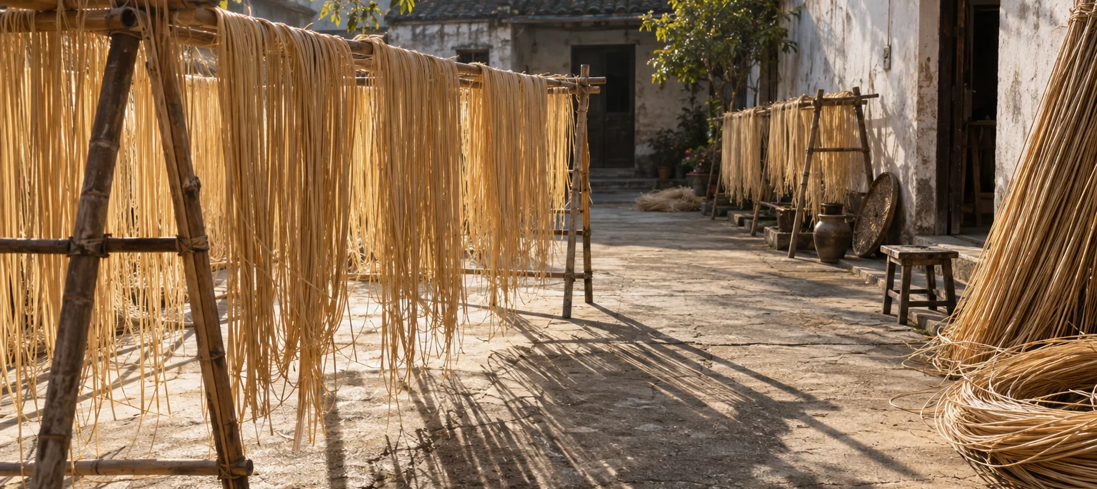 Split rattan cane drying on bamboo racks in a Phú Vinh courtyard in November sun, whitewashed walls