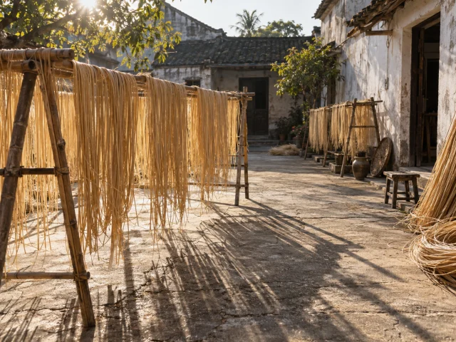 Split rattan cane drying on bamboo racks in a Phú Vinh courtyard in November sun, whitewashed walls