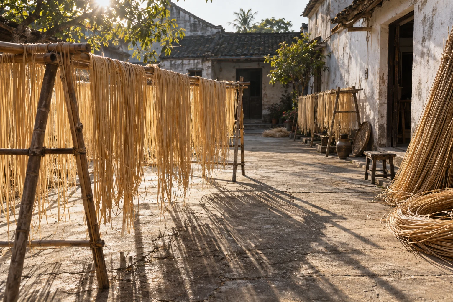 Split rattan cane drying on bamboo racks in a Phú Vinh courtyard in November sun, whitewashed walls