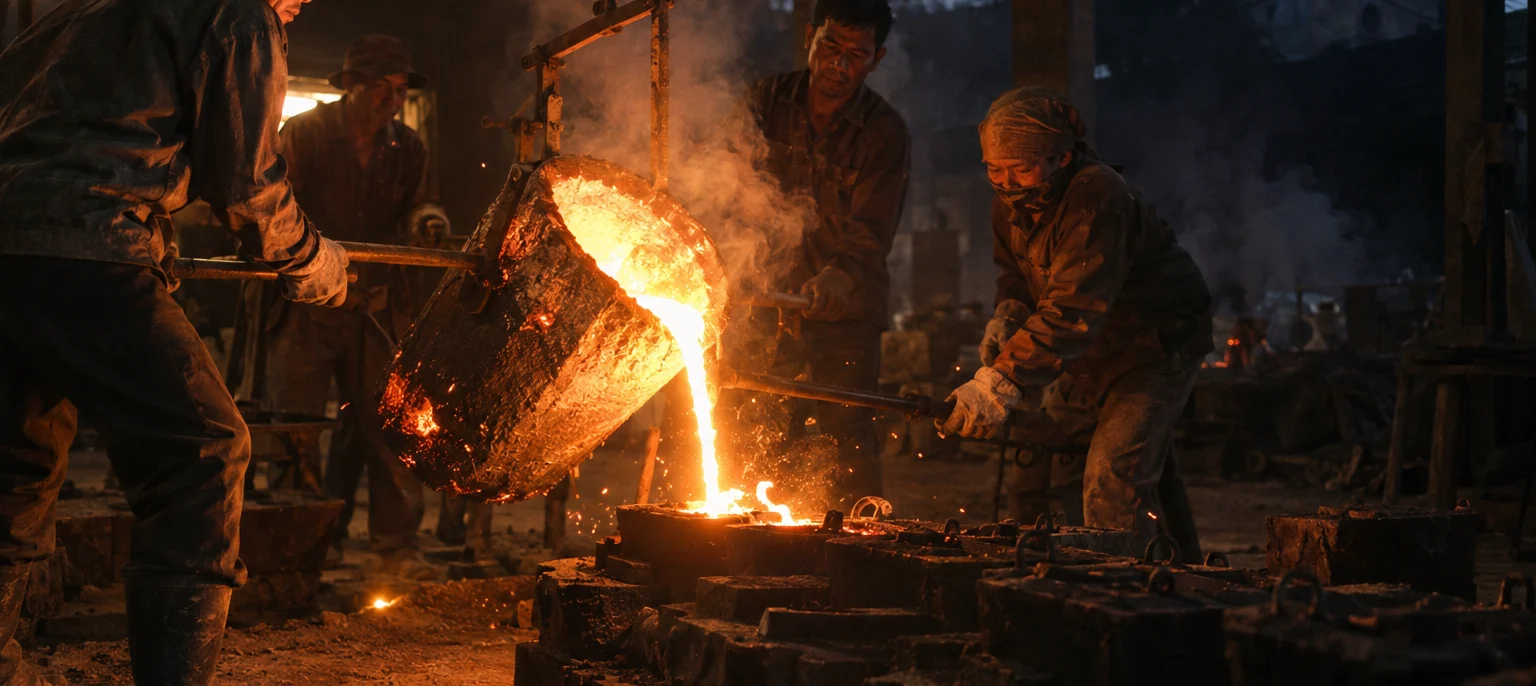 Molten bronze going from the crucible into the mould before dawn in Đại Bái, sparks and smoke in lamplight