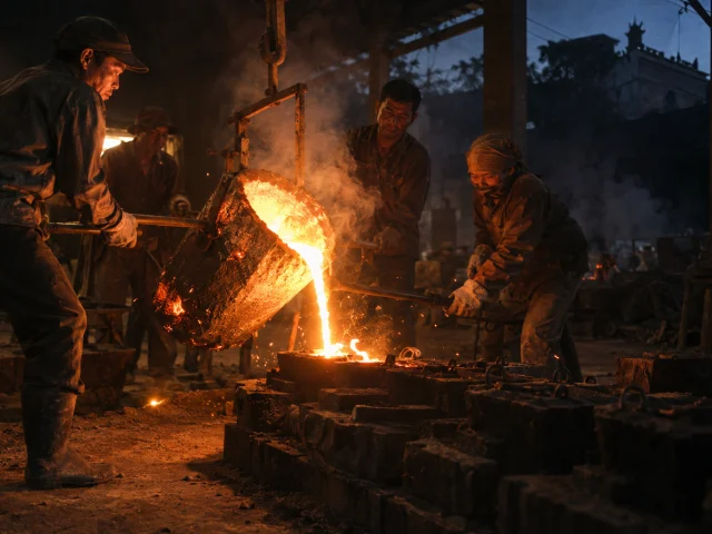 Molten bronze going from the crucible into the mould before dawn in Đại Bái, sparks and smoke in lamplight