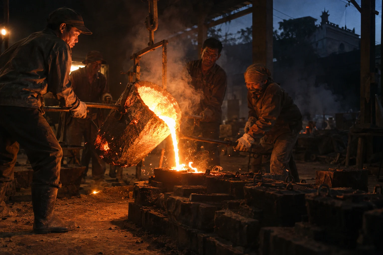 Molten bronze going from the crucible into the mould before dawn in Đại Bái, sparks and smoke in lamplight