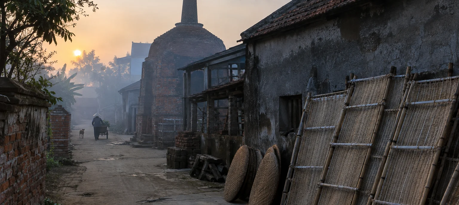 A craft-village lane at dawn, bamboo drying racks along the wall, a kiln chimney smoking, Red River Delta mist
