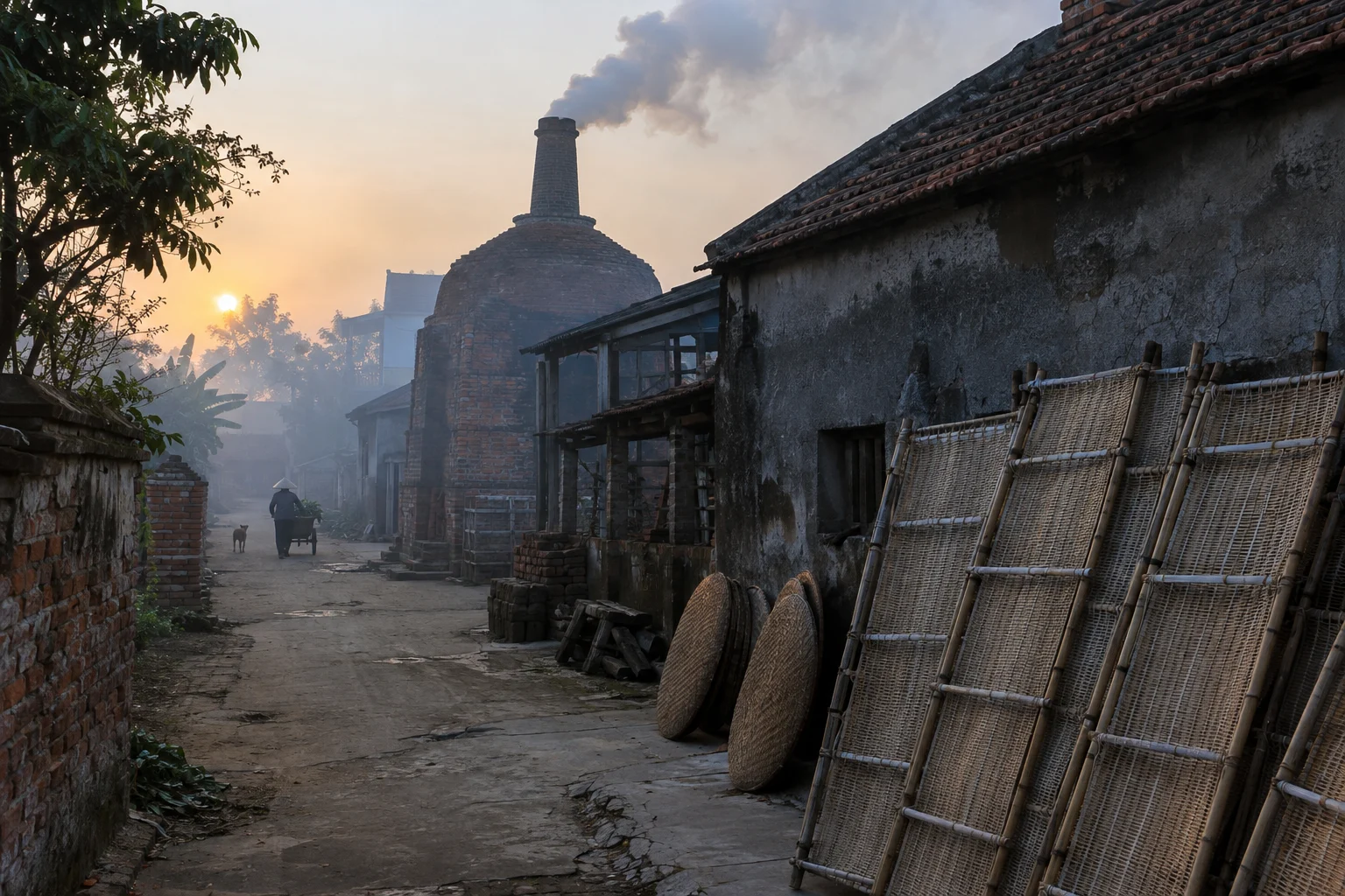 A craft-village lane at dawn, bamboo drying racks along the wall, a kiln chimney smoking, Red River Delta mist