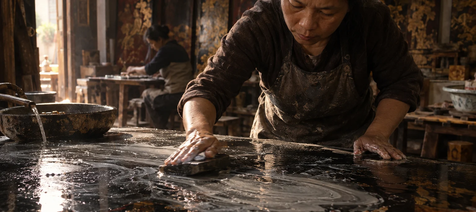 The sixth coat of a lacquer panel wet-sanded under a thin stream of water in Hạ Thái, grey slurry on black