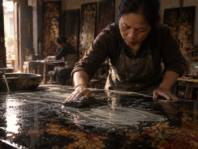The sixth coat of a lacquer panel wet-sanded under a thin stream of water in Hạ Thái, grey slurry on black