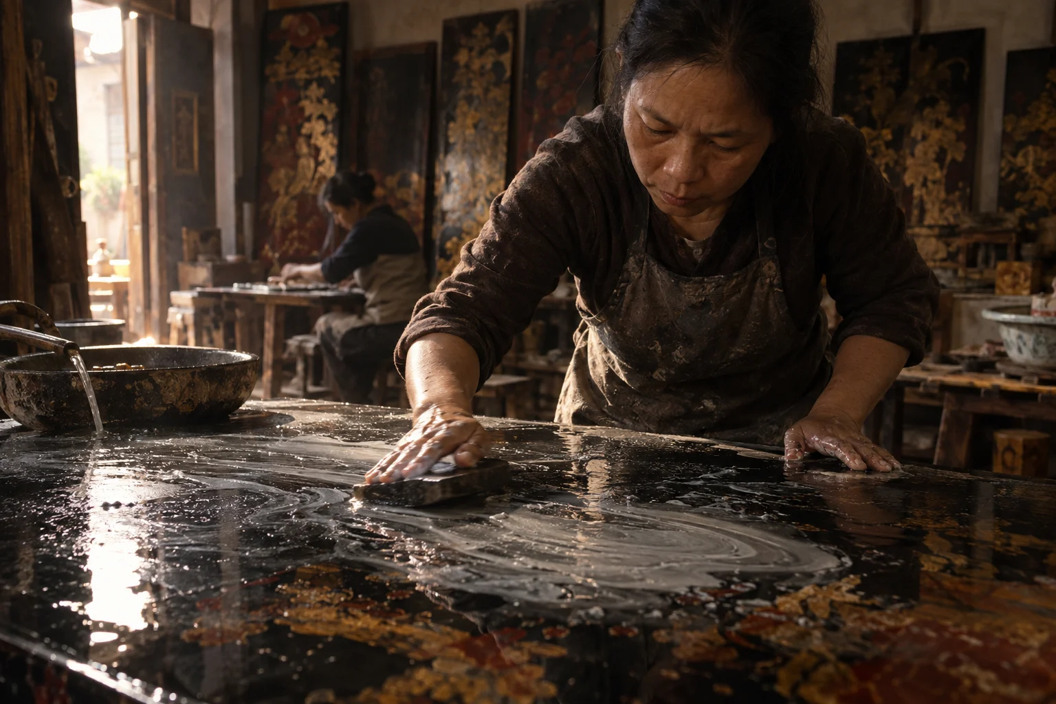 The sixth coat of a lacquer panel wet-sanded under a thin stream of water in Hạ Thái, grey slurry on black
