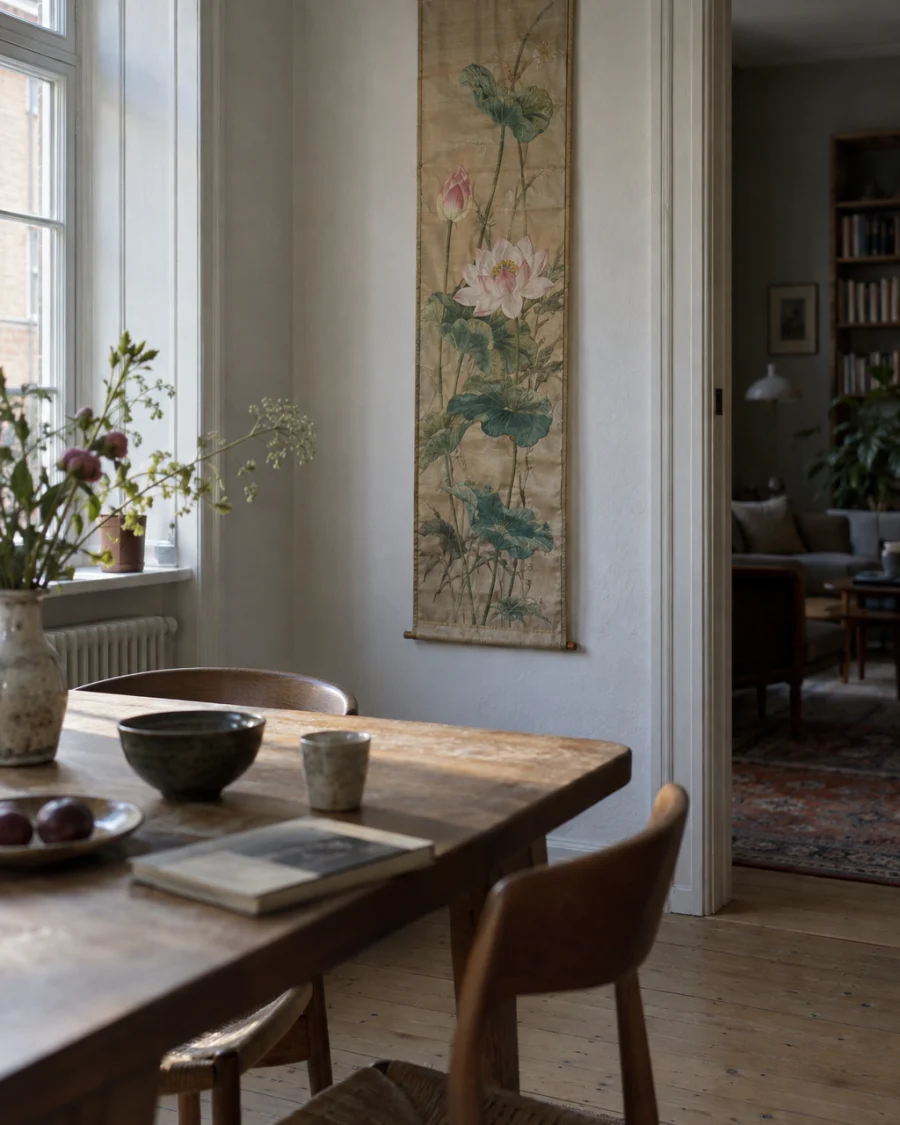 A commissioned hand-embroidered silk panel of lotuses hanging on a pale wall in a Copenhagen apartment, oak floor, soft northern light