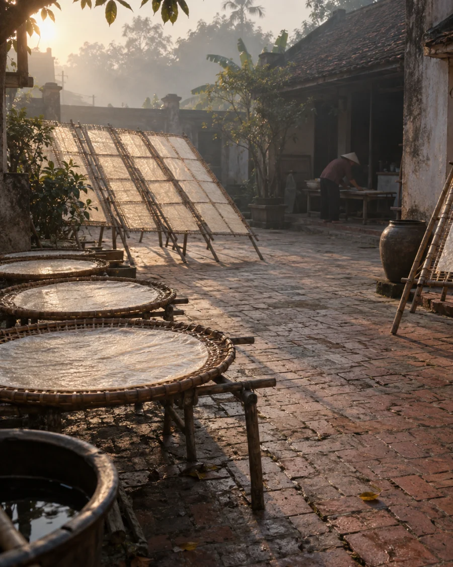A craft-village courtyard in the Red River Delta at morning, work drying on bamboo racks, brick floor, soft mist, a figure bent over a bench in the background