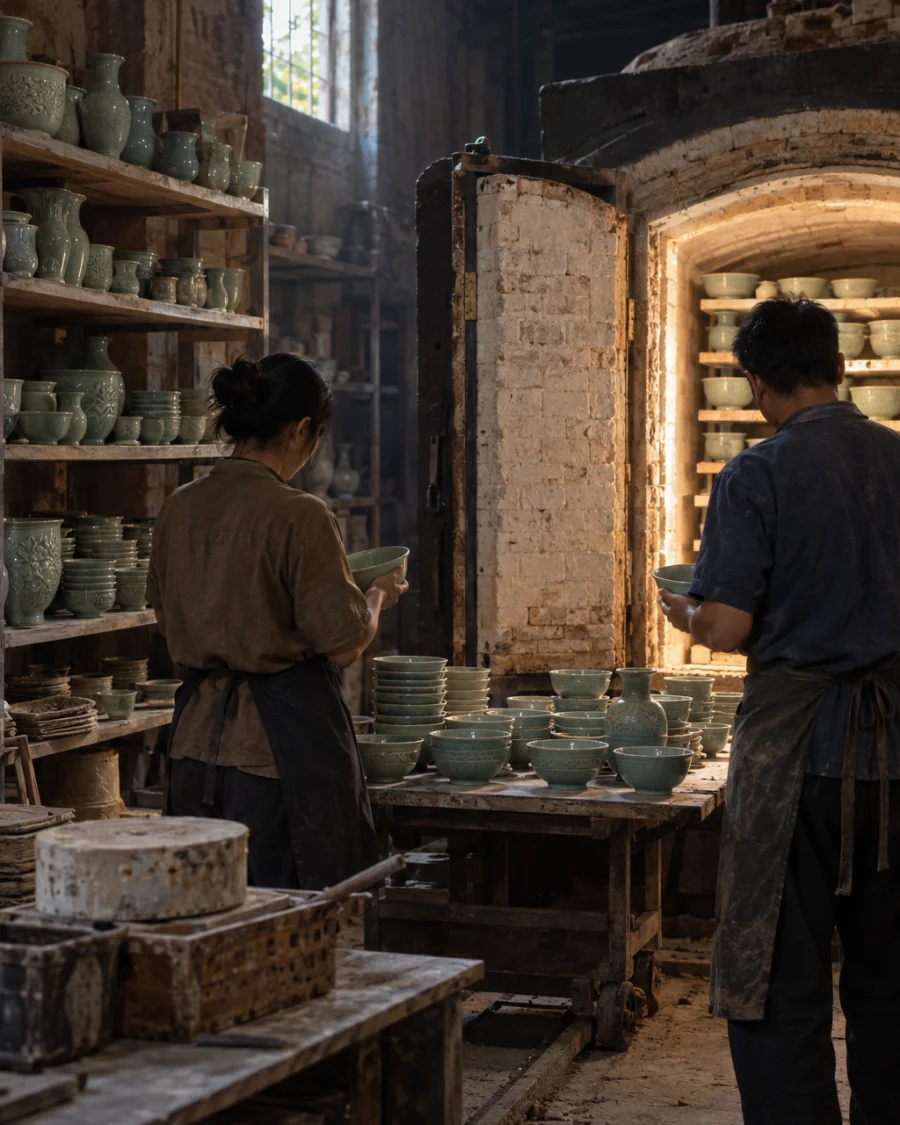 Two people seen from behind choosing bowls from a freshly opened kiln load in a Bát Tràng workshop, shelves of celadon ware, no faces