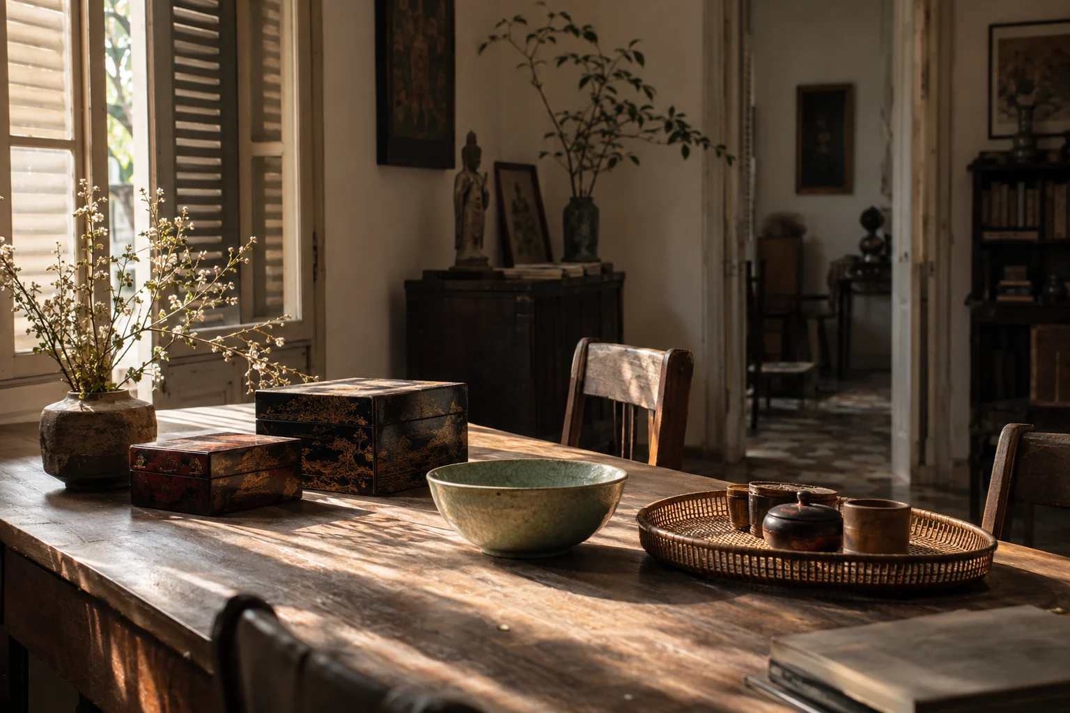 A long wooden table in a Hà Nội studio with lacquer boxes, a celadon bowl and a rattan tray laid out in afternoon window light, white walls, shutters
