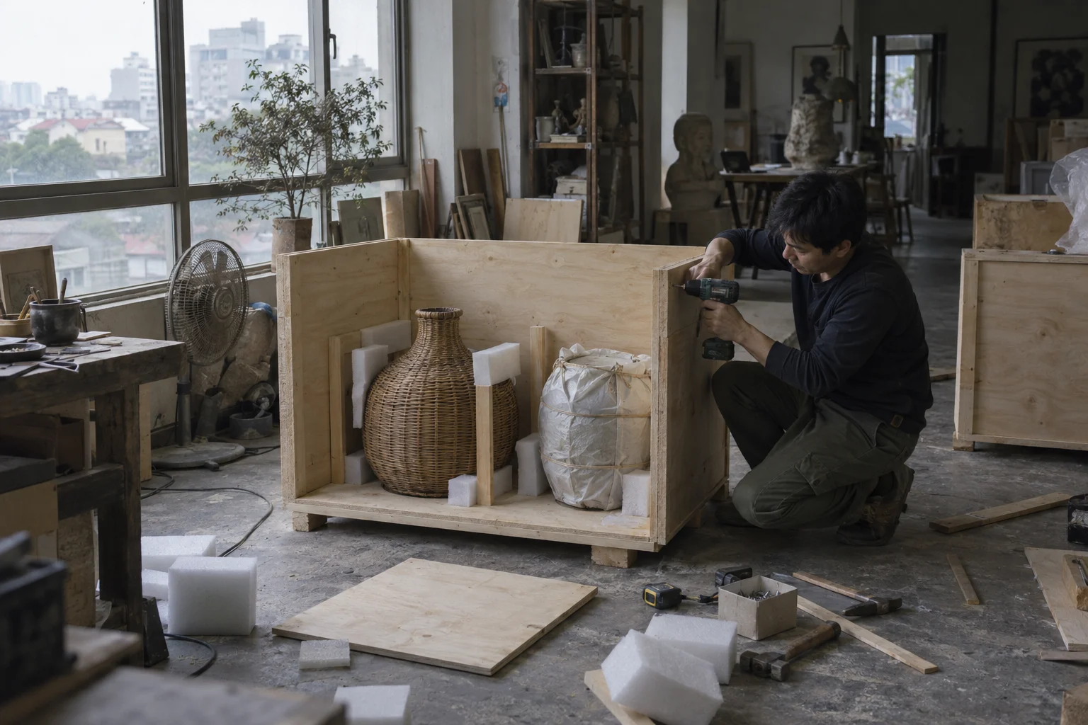 A plywood crate being built by hand around a rattan vessel and a ceramic jar wrapped in paper, in a Hà Nội studio, tools and foam on the floor