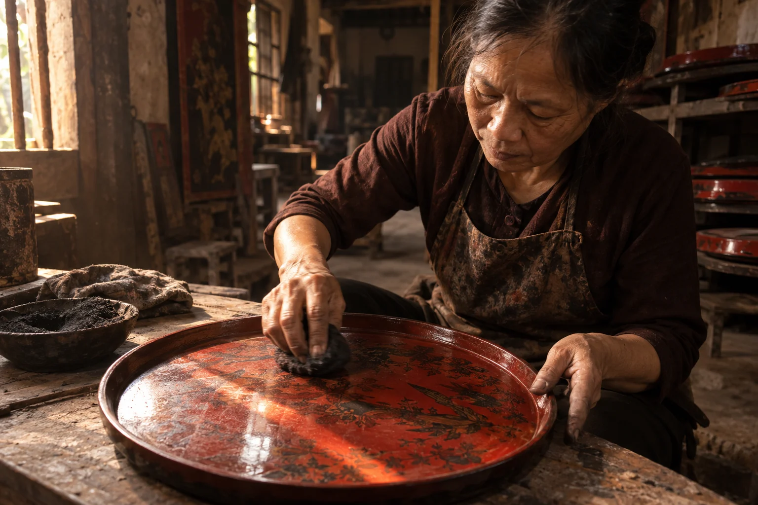 An artisan re-polishing a thirty-year-old lacquer tray with charcoal and a palm in Hạ Thái, old red surface coming back to gloss
