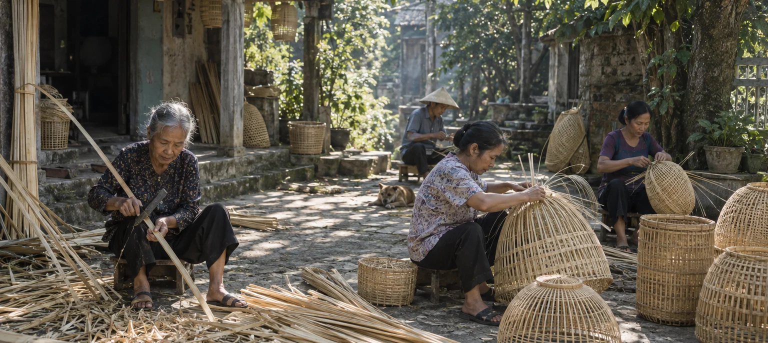 Bao La weavers splitting bamboo and weaving fine lampshades and baskets in a shaded yard, Bao La village, central coast, Vietnam