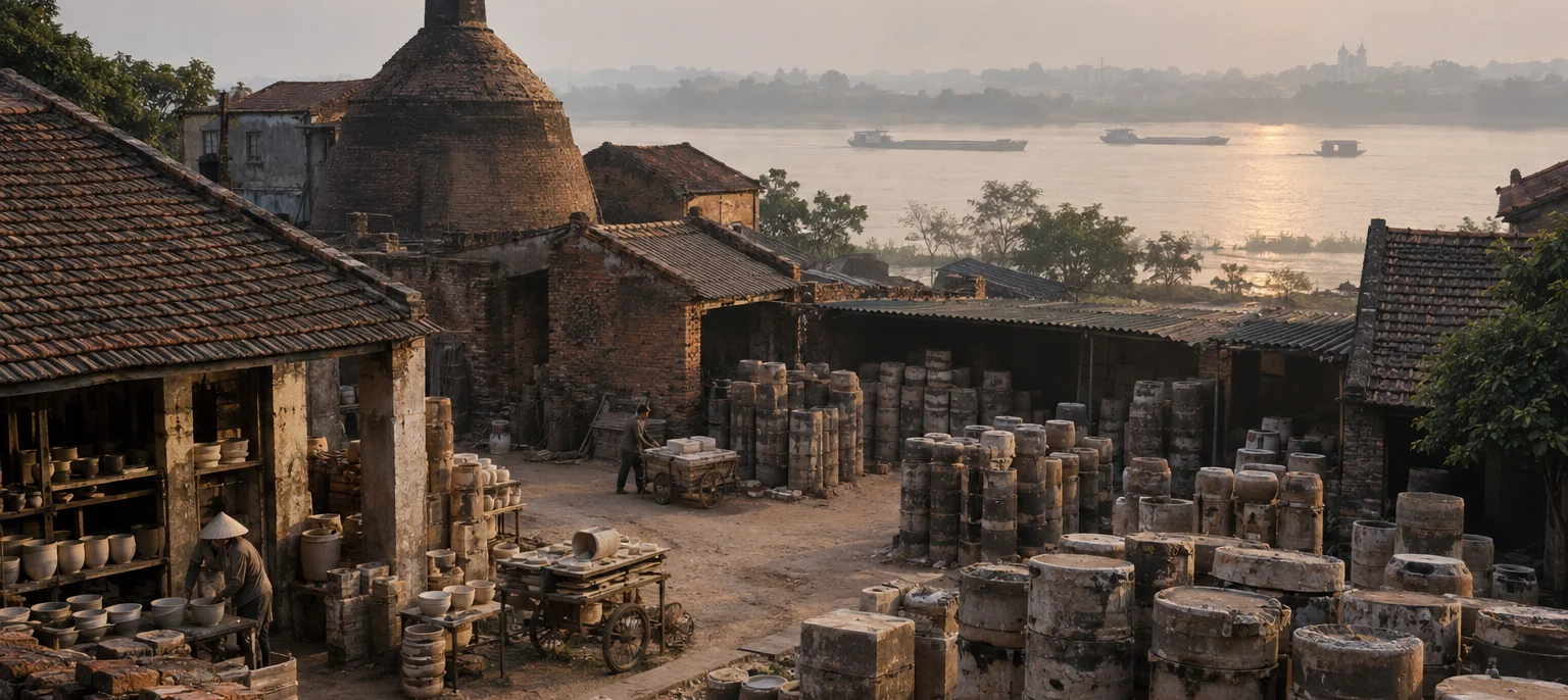 Wide view of a brick kiln in Bát Tràng, its chimney and stacked saggars, the Red River behind in morning haze, ceramics & porcelain village, Red River Delta, Vietnam